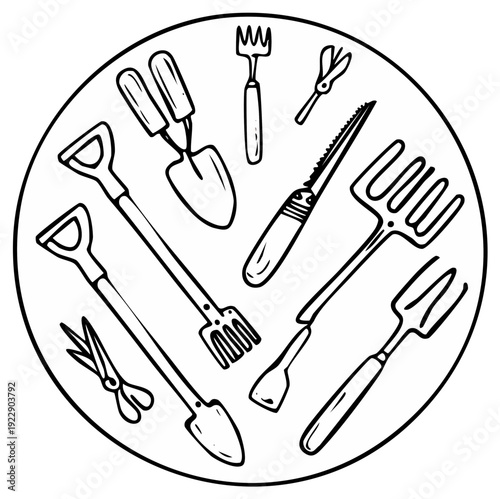 Simple line art illustration of various garden tools for horticulture and outdoor planting