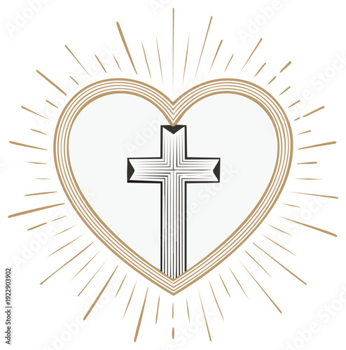 Christian Cross Inside a Heart Symbol with Golden Radiating Rays