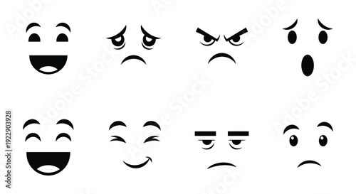 Collection of eight simple black and white facial expression icons