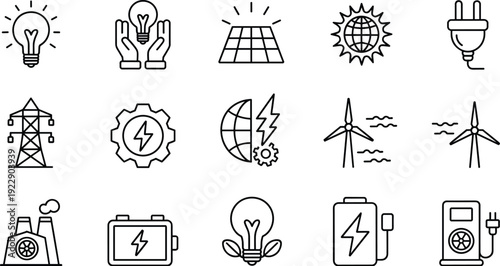 Set of clean outline energy icons featuring solar panels, wind turbines, electric vehicle charging, green power solutions, and sustainable battery storage