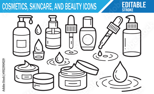 Line Art Vector Icons of Serum, Cream, and Lotion Bottles