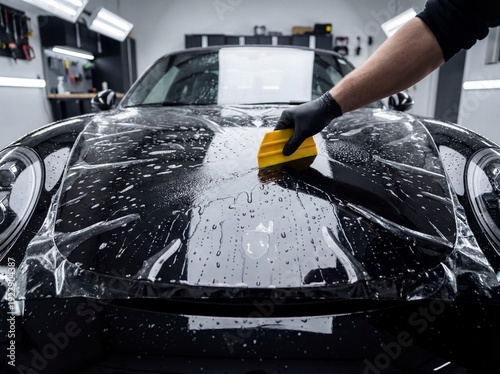 Professional Car Detailer Applying Paint Protection Film to Luxury Sports Car Hood in Auto Detailing Studio for Vehicle Protection and Maintenance