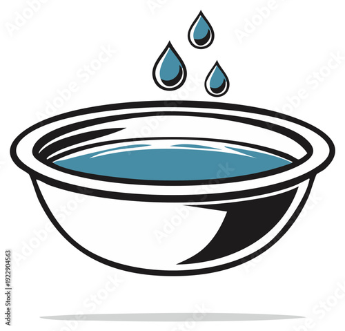 Water Bowl with Dripping Liquid Icon, Clean Basin for Washing and Cleansing, Vector Illustration