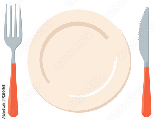 Flat illustration of a fork, knife, and plate set for a meal