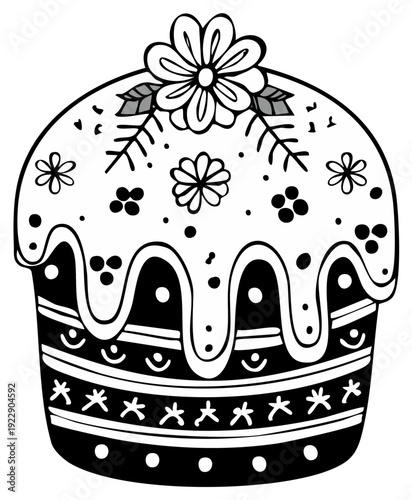 Black and white line art illustration of a decorated Easter cake with icing and floral ornaments