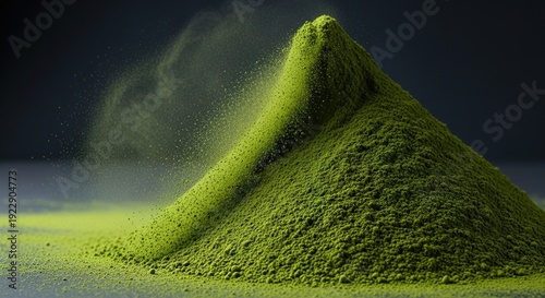 Matcha green tea powder heap with blowing dust particles against dark minimalist background