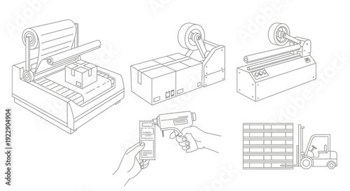 Industrial machinery and equipment for manufacturing and logistics operations viewed from multiple angles