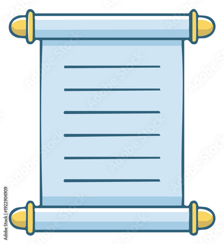 Stylized vector illustration of an unrolled light blue paper scroll with golden decorative ends and lines for text