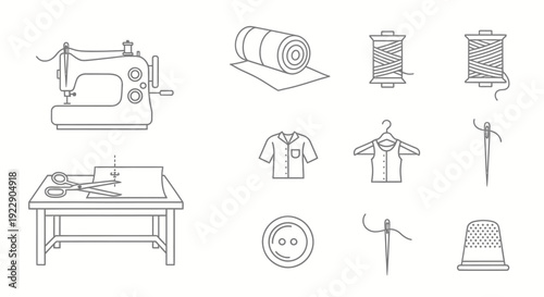 Sewing machine and various tailoring tools, fabrics, and garments on display, illustrating the art of clothing creation from start to finish in a simple line art style.