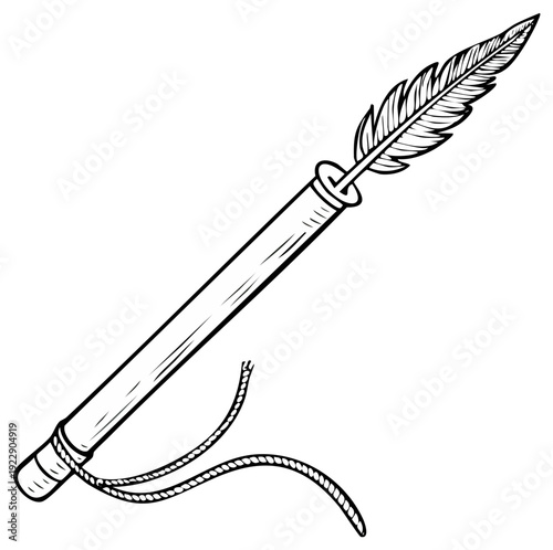 Vintage quill feather pen in a wooden holder line art illustration