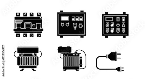 Various industrial control panels and electrical equipment illustrated in a collection of black line drawings on a white background from a front viewpoint