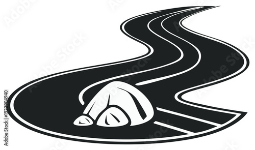 Winding Road with Large Rock Obstacle Black and White Graphic Design