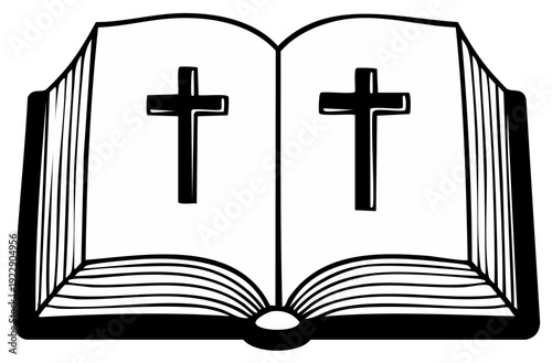 Open book illustration with crosses symbols, religious concept.