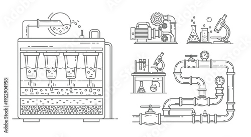 Industrial laboratory setup with equipment and pipes from a front viewpoint