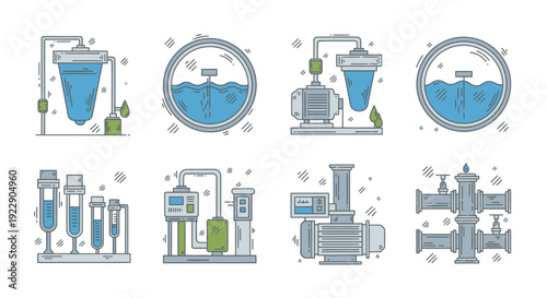 Industrial Process Equipment Set Illustrating Various Machinery and Facilities in a Factory Setting from a Technical Viewpoint