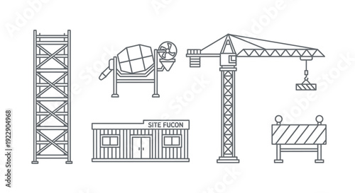 Construction site illustration featuring crane, scaffolding, cement mixer, building, and guardrail from a frontal viewpoint