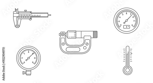 Collection of precision measurement tools including caliper, micrometer, and gauges displayed on a clean white background from a straightforward viewpoint