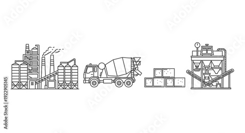 Industrial Process Line Illustration Featuring Factory, Truck, Crates, and Machinery in a Manufacturing Setting from a Straight-On Viewpoint