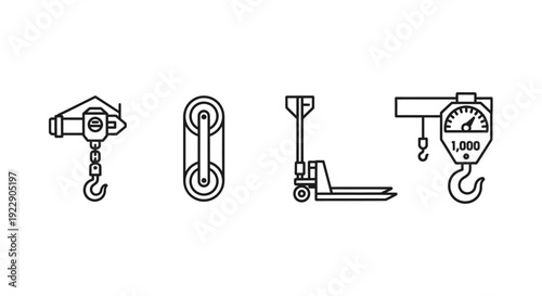Line art illustrations of industrial equipment and machinery parts including crane hook, chain link, pallet truck, and lifting gear