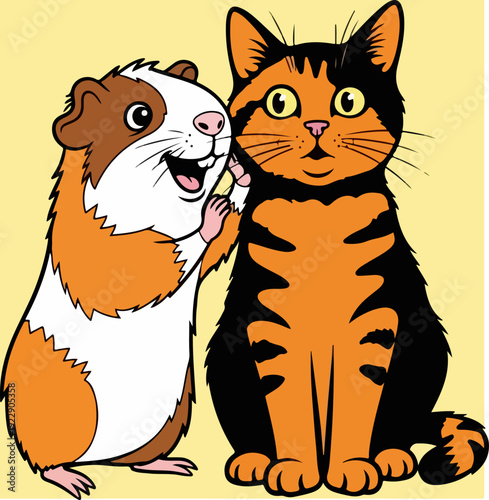 A happy guinea pig and a surprised cat are best friends.