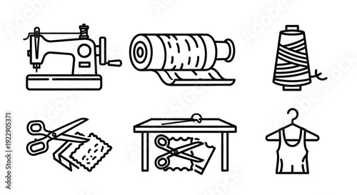 Sewing Essentials Laid Out on a Table and Hanger in a Crafting Space from a Direct Viewpoint