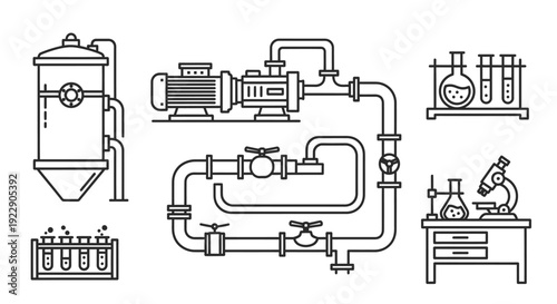 Industrial laboratory equipment setup with machinery and pipes for scientific research and experimentation in a technical environment viewed from above