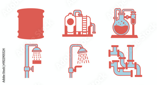 Industrial water supply system illustrations featuring pipes, valves, tanks, machinery, and plumbing infrastructure