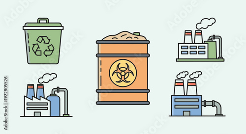 Industrial pollution icons set depicting hazardous waste and recycling concepts