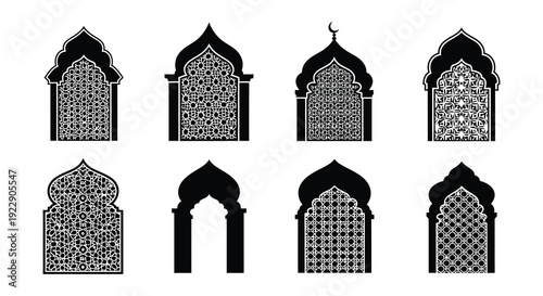 Collection of ornate islamic arches and window designs in black and white