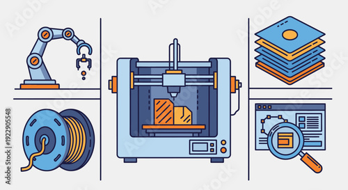 Industrial 3D printing process with robotic arm and filament spool in a modern manufacturing facility viewed from the side