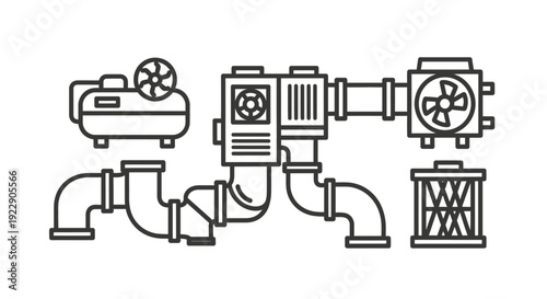 Industrial machinery components illustration featuring pipes, pumps, and fans in a complex system viewed from a technical perspective