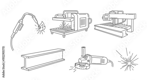 Industrial machinery and tools in operation displayed in a technical illustration