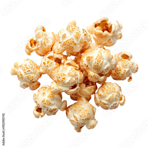 Cheesy caramel popcorn clusters with golden brown coating isolated on transparent background