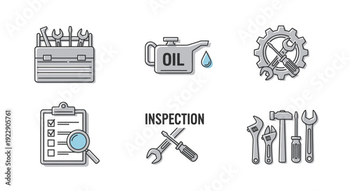 Collection of mechanical tools and equipment icons for inspection and maintenance in an industrial setting