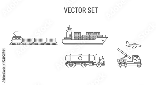Transportation vector set featuring train, cargo ship, tanker truck, airplane, and crane truck in action