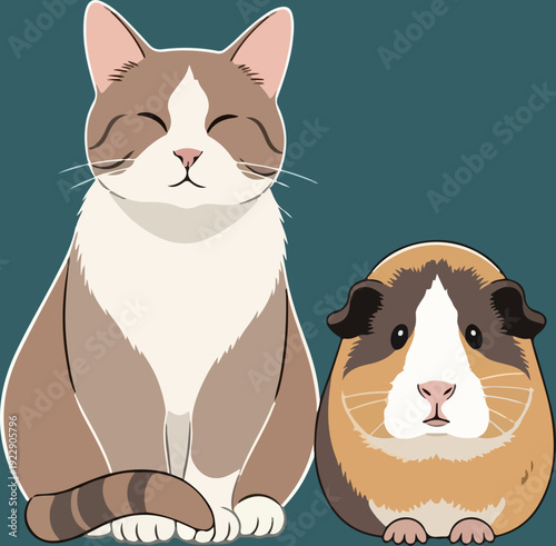 A serene cat and guinea pig, a portrait of companionship.