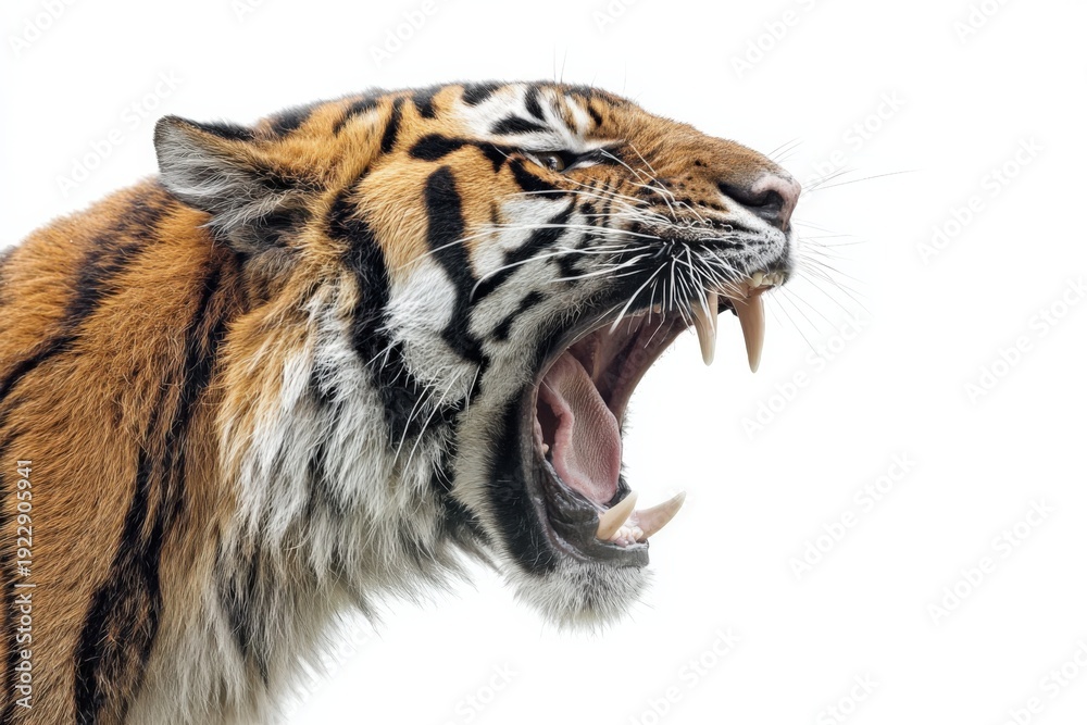Fototapeta premium Close-up of roaring tiger on white background with open mouth