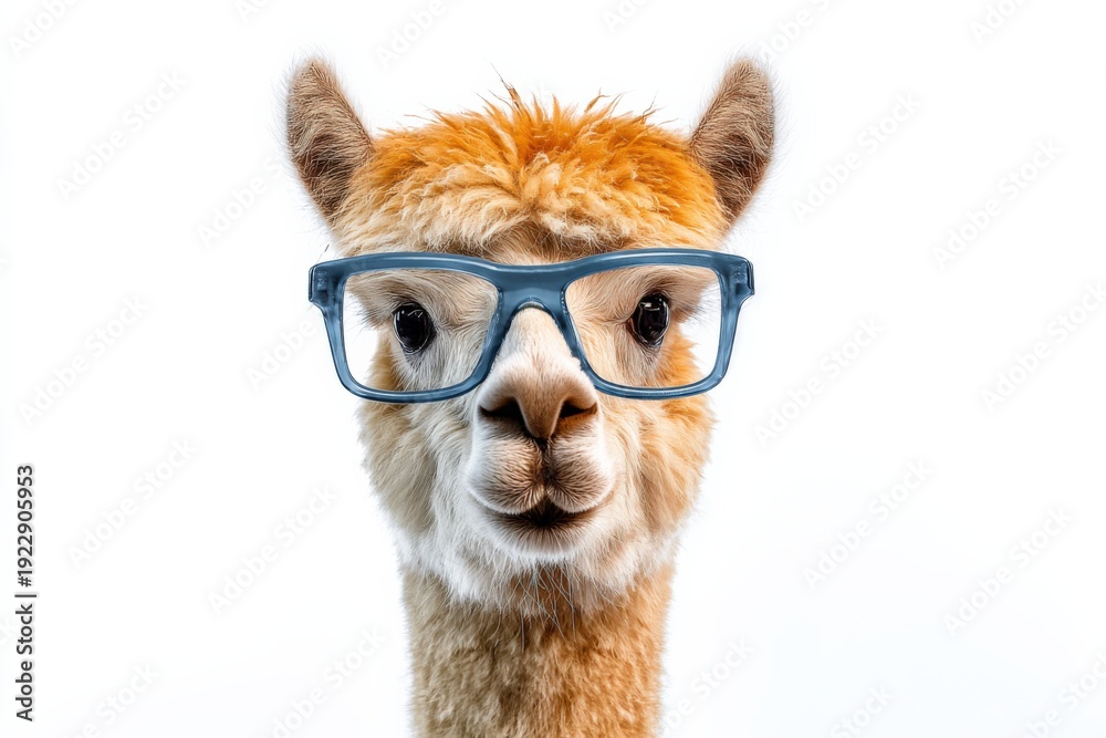 Fototapeta premium Cute llama wearing glasses against white background
