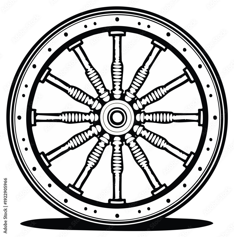 Fototapeta premium Black and white illustration of a wagon wheel isolated on white