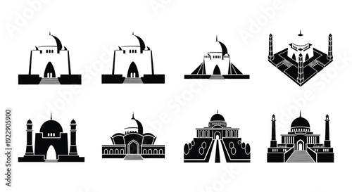 Black and white vector icons of various islamic architectural monuments