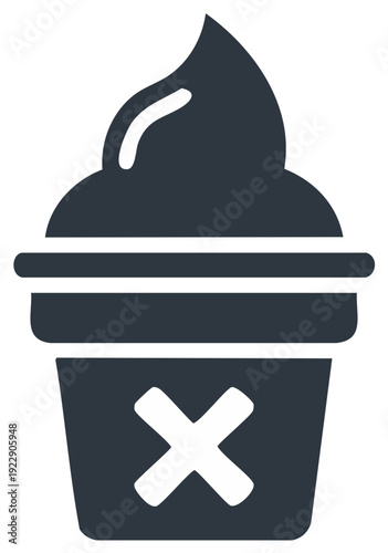 Flat dark vector icon of a dessert cup with a cross symbol indicating refusal or ban