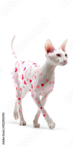 Sphynx cat with heart patterns on white background