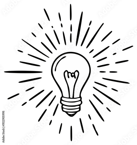 Simple Drawing of a Glowing Light Bulb with Radiating Lines Symbolizing Ideas and Inspiration