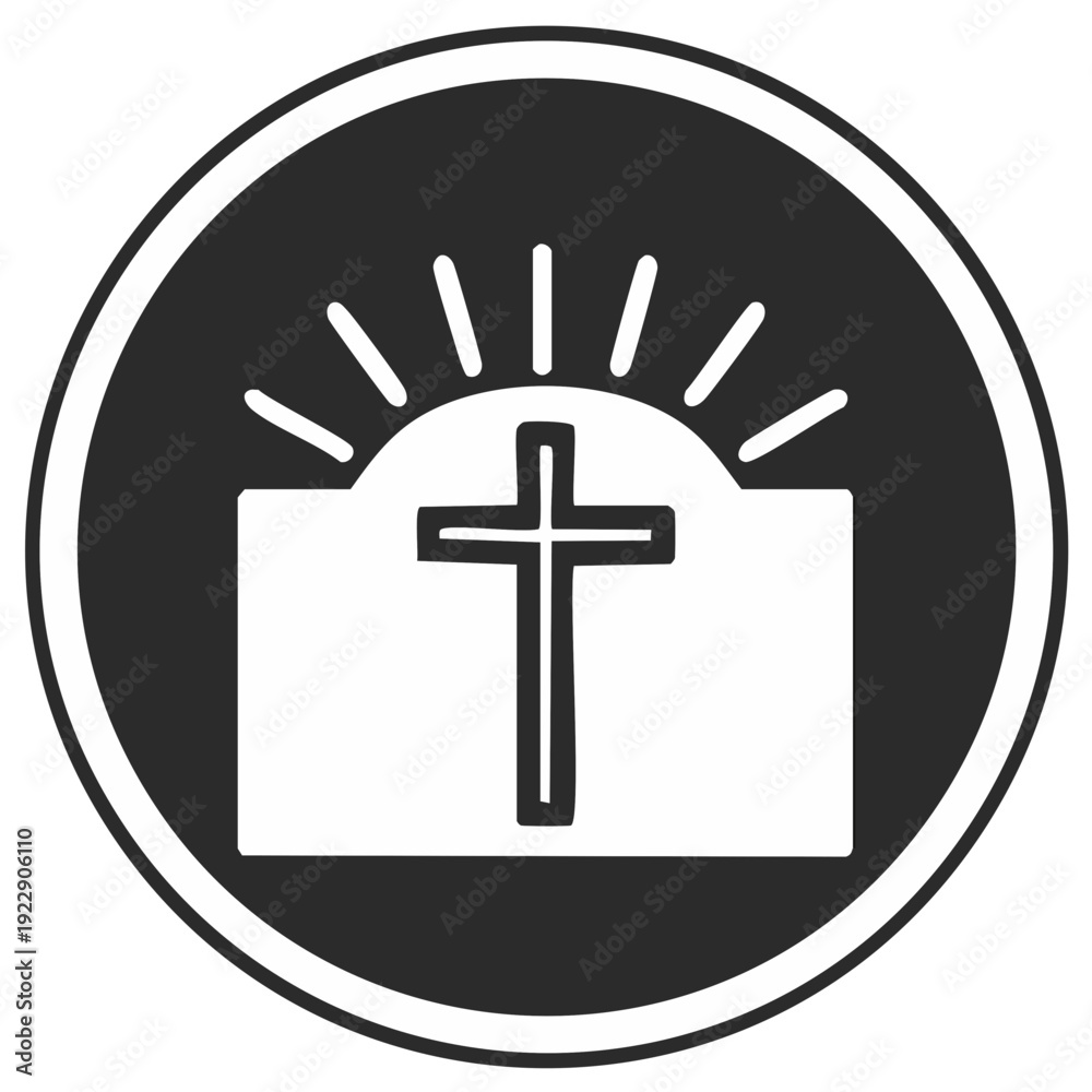 Fototapeta premium Religious symbol of a cross and rising sun within a round frame
