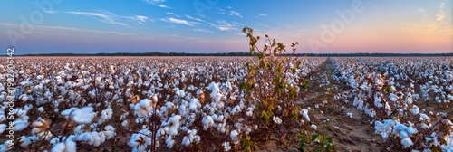 Expansive cotton field at sunset with clear blue sky and thin clouds
