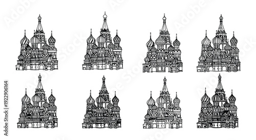 Stylized black and white illustration of saint basil s cathedral repeated
