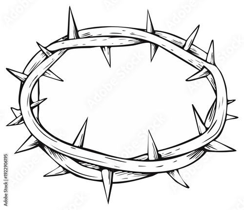 Intricate hand drawn thorny crown with sharp spikes on a white background symbolic of religious suffering and sacrifice