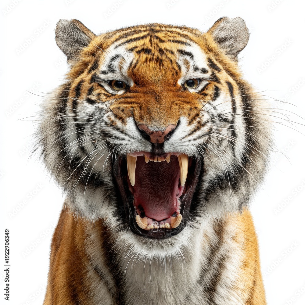 Obraz premium Fierce tiger roaring with open mouth and bared teeth on white background
