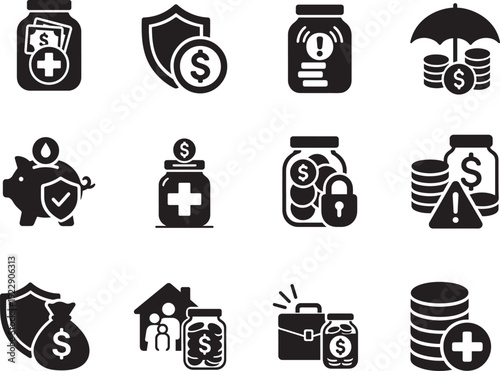 Emergency fund icon set with savings jar shield symbols for finance safety and budget planning.