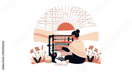 Woman Weaving Fabric on Loom in Nature Sunset Landscape
